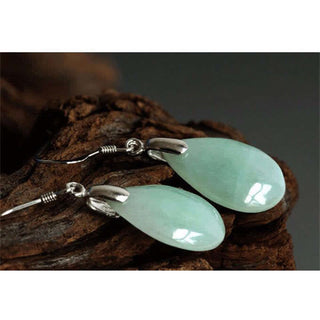 Buddha Gift 925 Sterling Silver Jade Water Drop Luck Dangle Earrings