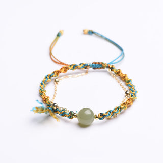 Buddha Gift Handmade Colorful Rope Luck Jade Bead Abundance Double Layer Bracelet