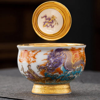 Buddha Gift Golden Eagle Auspicious Dragon Sun Ocean Waves Gilt Ceramic Teacup Kung Fu Tea Cup