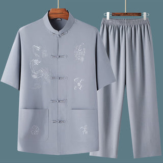 Buddha Gift Tang Suit Hanfu Chinese Dragon Traditional Kung Fu Uniform Short Sleeve Tops and Pants Clothing Men's Set