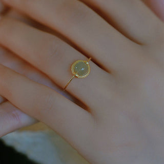 Buddha Gift 14K Gold Plated Round Jade Luck Prosperity Adjustable Ring
