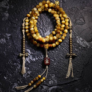 Buddha Gift 108 Mala Beads Natural Tiger Eye Copper Dorje Protection Tassel Bracelet