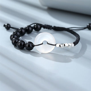 Buddha Gift 925 Sterling Silver Black Obsidian Agate Peace Buckle Strength Bracelet