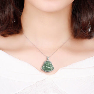 Buddha Gift 925 Sterling Silver Laughing Buddha Natural Jade Luck Prosperity Necklace Chain Pendant