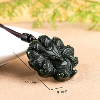 Buddha Gift Hetian Cyan Jade Nine Tailed Fox Luck Necklace String Pendant