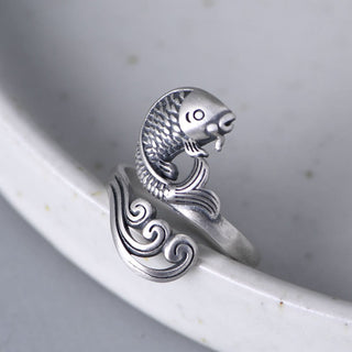 Buddha Gift 925 Sterling Silver Koi Fish Water Ripple Luck Wealth Ring