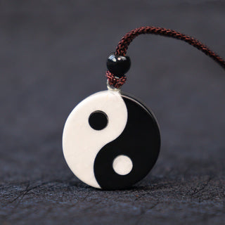 Buddha Gift Natural Black Obsidian White Turquoise Yin Yang Fulfilment Strength Necklace Pendant