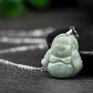 Buddha Gift 925 Sterling Silver Laughing Buddha Jade Blessing Necklace Chain Pendant