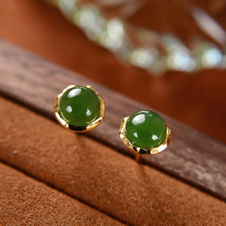 Buddha Gift 925 Sterling Silver Plated Gold Natural Hetian Cyan Jade Bead Luck Stud Earrings