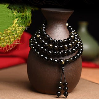Buddha Gift 108 Mala Beads Natural Gold Sheen Obsidian Wealth Bracelet