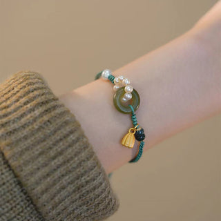 Buddha Gift Natural Hetian Jade Peace Buckle Pearl Luck Handcrafted Braided Bracelet