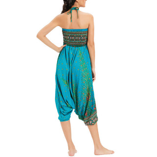 Buddha Gift Two Style Wear Peacock Feather Loose Smocked Harem Trousers Jumpsuit High Waist Pants