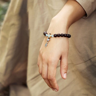 Buddha Gift 925 Sterling Silver Indian Small Leaf Red Sandalwood Aquamarine Full of Gold Star Chinese Knotting Blessing Bracelet