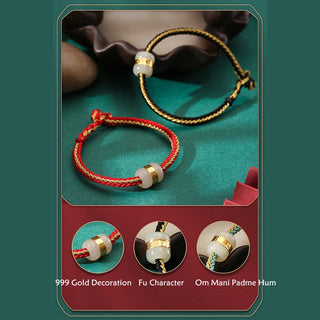 Buddha Gift 999 Gold Hetian White Jade Om Mani Padme Hum Fu Character Luck Braided Bracelet