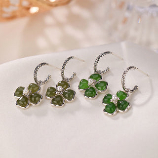 Buddha Gift 925 Sterling Silver Natural Cyan Jade Four Leaf Clover Luck Success Earrings