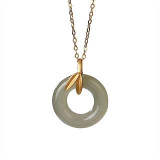 Buddha Gift 925 Sterling Silver Cyan Jade Peace Buckle Bamboo Leaf Harmony Necklace Pendant