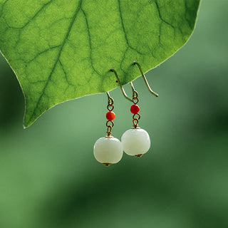 Buddha Gift 925 Sterling Silver 14K Gold Plated Hetian Jade Red Agate Luck Drop Dangle Earrings
