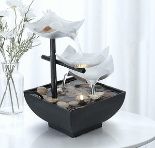 Buddha Gift Three Layers Waterfall Fountain Tabletop Lotus Ornaments With River Rocks Desktop Decoration