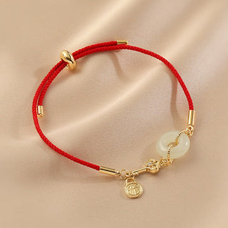 Buddha Gift 18K Gold Plated Hetian Jade Peace Buckle Fu Character Luck Red Rope Bracelet