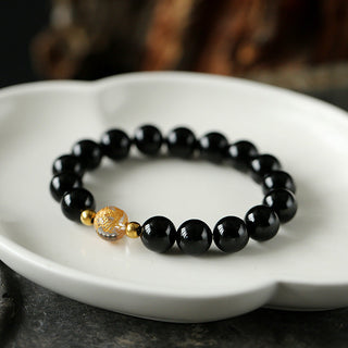 Buddha Gift Natural Black Obsidian White Crystal Black Onyx Dragon Strength Bracelet