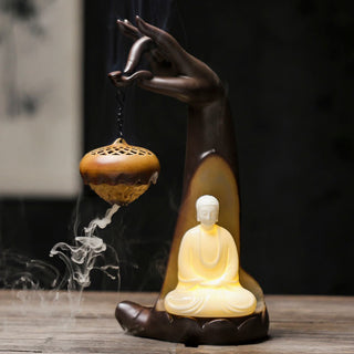 Buddha Gift Led Buddha Hand Backflow Smoke Fountain Healing Ceramic Stick Incense Burner Decoration