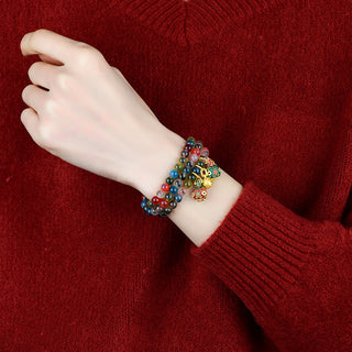 Buddha Gift Colorful Candy Agate Gold Swallowing Beast Family Strength Charm Triple Wrap Bracelet