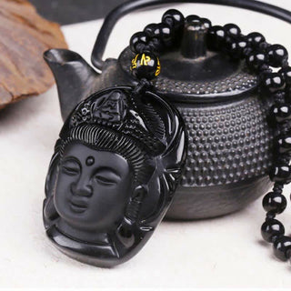 Buddha Gift Natural Black Obsidian Kwan Yin Avalokitesvara Strength String Necklace Pendant