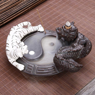 Buddha Gift Tiger Dragon Backflow Smoke Fountain Ceramic Yin Yang Blessing Incense Burner Decoration