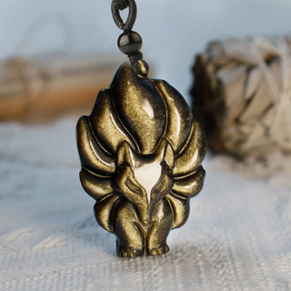 Buddha Gift Natural Fluorite Gold Sheen Obsidian Fox Pendant Protection Necklace