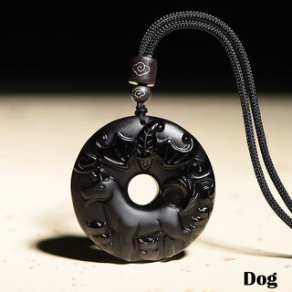 Buddha Gift Chinese Zodiac Natural Black Obsidian Peace Buckle Strength Necklace Pendant