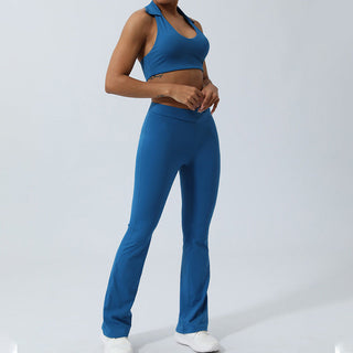 Buddha Gift 2Pcs Workout Sleeveless Backless Top Shorts Flared Pants Sports Fitness Yoga Outfit Set