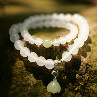 Buddha Gift White Agate Jade Lotus Protection Bracelet