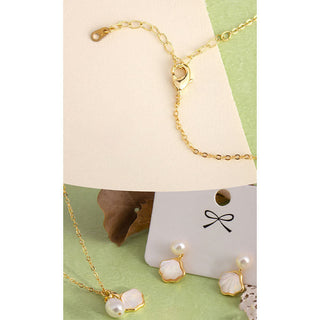 Buddha Gift Ginkgo Tridacna Stone Pearl Bead Copper Blessing Necklace Pendant Ring Earrings Set