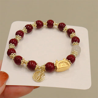 Buddha Gift Year Of The Dragon Red Agate Strawberry Quartz Black Obsidian Jade Garnet Pearl Cinnabar Dumpling Dragon Luck Fu Character Bracelet