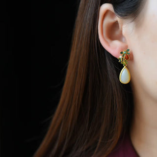 Buddha Gift Water Drop White Jade Red Agate Butterfly Protection Drop Dangle Earrings