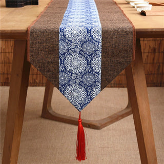 Buddha Gift Classic Chinese Style Lotus Koi Fish Flower Crane Calligraphy Enlightenment Cotton Linen Tassels Table Runner