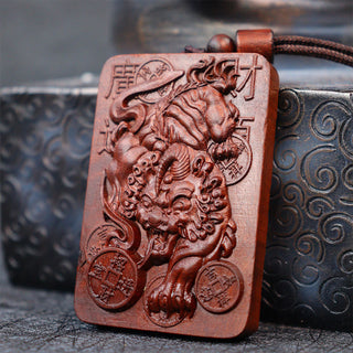 Buddha Gift Natural Lightning Struck Jujube Wood PiXiu Copper Coin Good Fortune Necklace Pendant