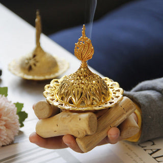 Buddha Gift Gold Alloy Healing Mini Incense Burner With Wooden Coaster Home Decor