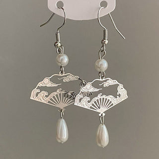 Buddha Gift Copper Fan Auspicious Clouds Pearl Healing Drop Earrings