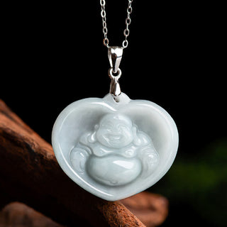 Buddha Gift 925 Sterling Silver Laughing Buddha White Jade Luck Blessing Necklace Pendant
