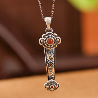 Buddha Gift 925 Sterling Silver Red Agate Cyan Jade Auspicious Clouds Ruyi Handle Blessing Necklace Pendant