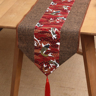 Buddha Gift Classic Chinese Style Lotus Koi Fish Flower Crane Calligraphy Enlightenment Cotton Linen Tassels Table Runner