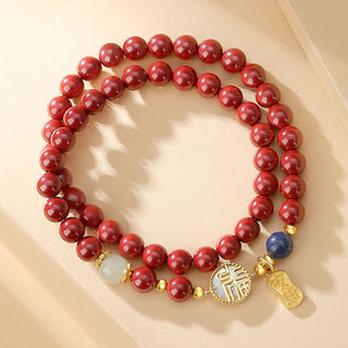 Buddha Gift 925 Sterling Silver Cinnabar Tridacna Stone Fu Character Double Wrap Blessing Bracelet