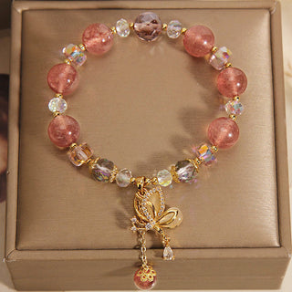 Buddha Gift Natural Strawberry Quartz Healing Positive Butterfly Charm Bracelet