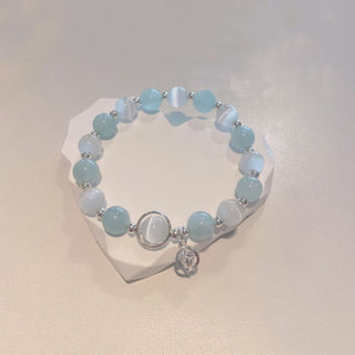 Buddha Gift 925 Sterling Silver Cat's Eye Aquamarine Support Charm Bracelet