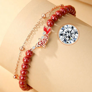 Buddha Gift 925 Sterling Silver Lucky Koi Fish Cinnabar Zircon Prosperity Double Layer Chain Bracelet