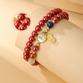 Buddha Gift 925 Sterling Silver Cinnabar Tridacna Stone Fu Character Double Wrap Blessing Bracelet