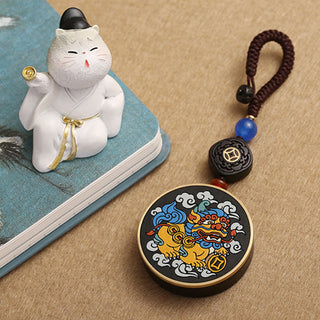 Buddha Gift PiXiu Copper Coin Ebony Wood Luck Attract Wealth Key Chain Decoration