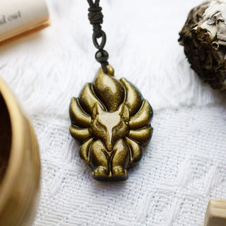 Buddha Gift Natural Fluorite Gold Sheen Obsidian Fox Pendant Protection Necklace