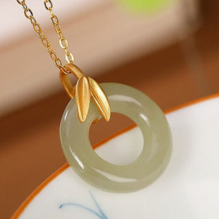 Buddha Gift 925 Sterling Silver Cyan Jade Peace Buckle Bamboo Leaf Harmony Necklace Pendant